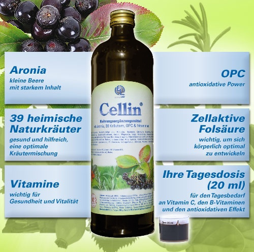 Zusammensetzung von Cellin aus der Aroniabeere und 39 Käuter, Vitalstoffe, Vitamine und OPC